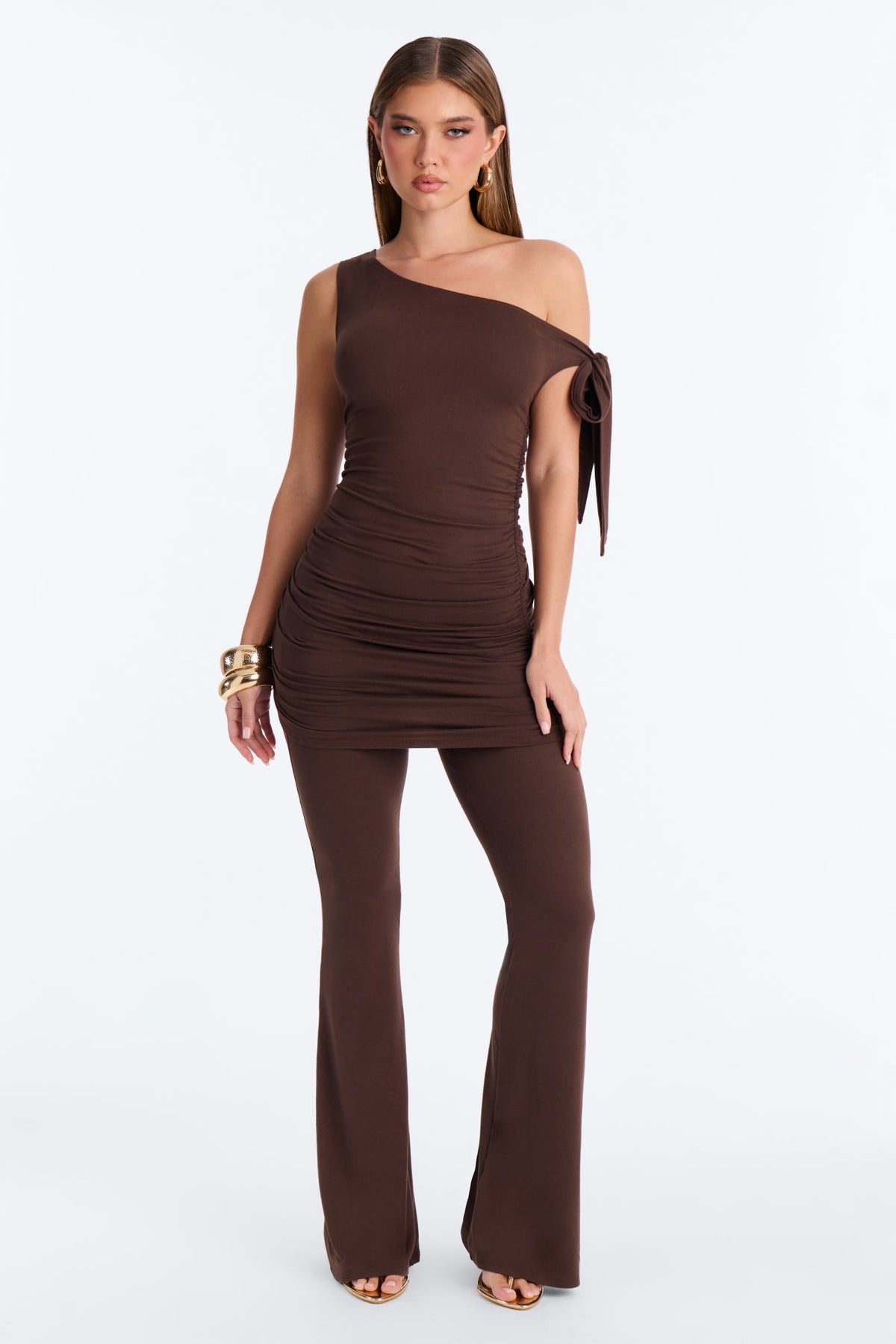 Tara Draped Off Shoulder Pant Set - Brown