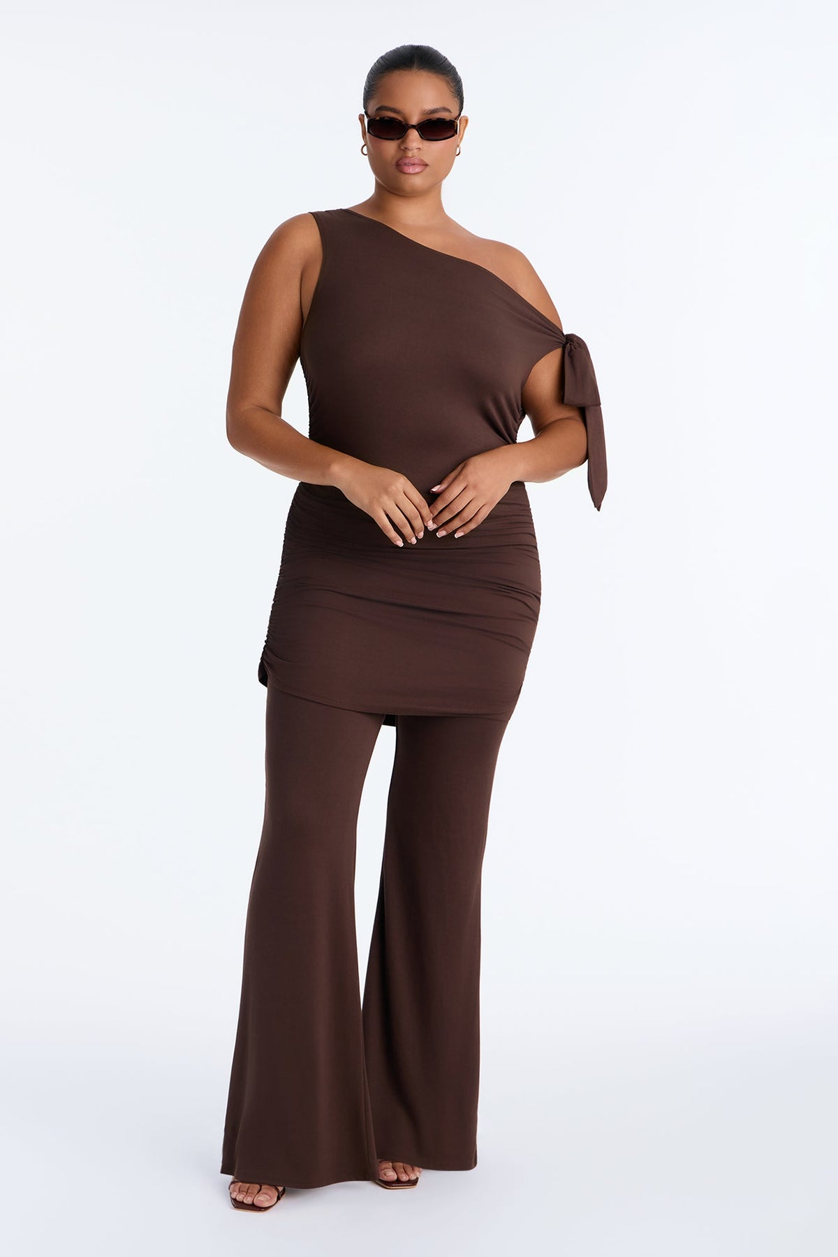 Tara Draped Off Shoulder Pant Set - Brown