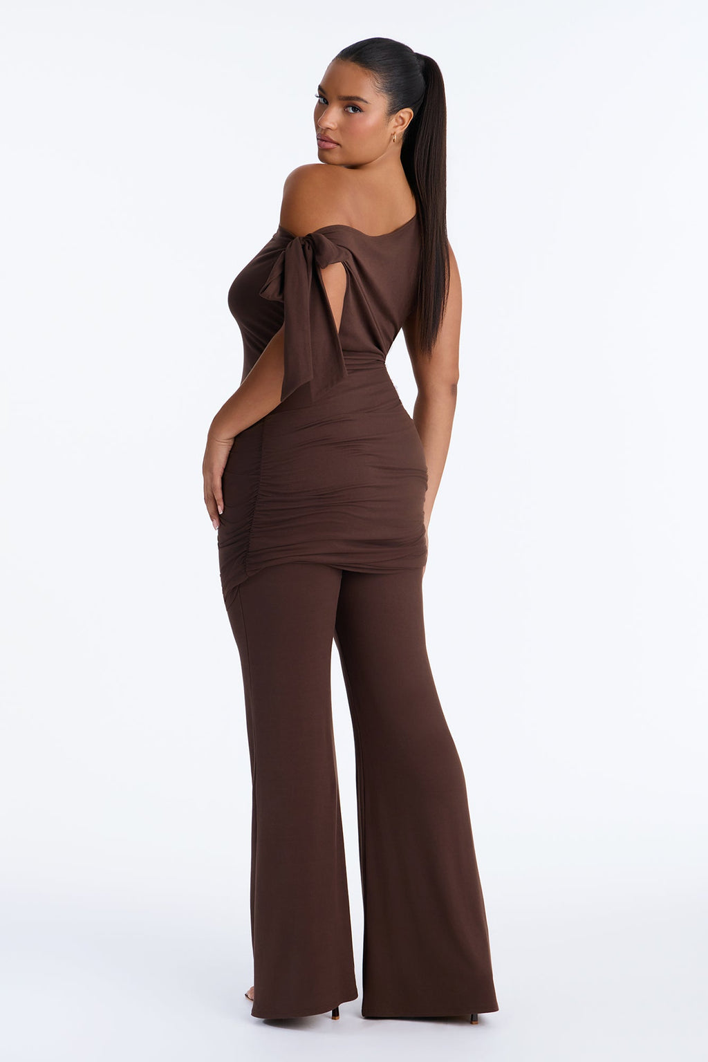 Tara Draped Off Shoulder Pant Set - Brown