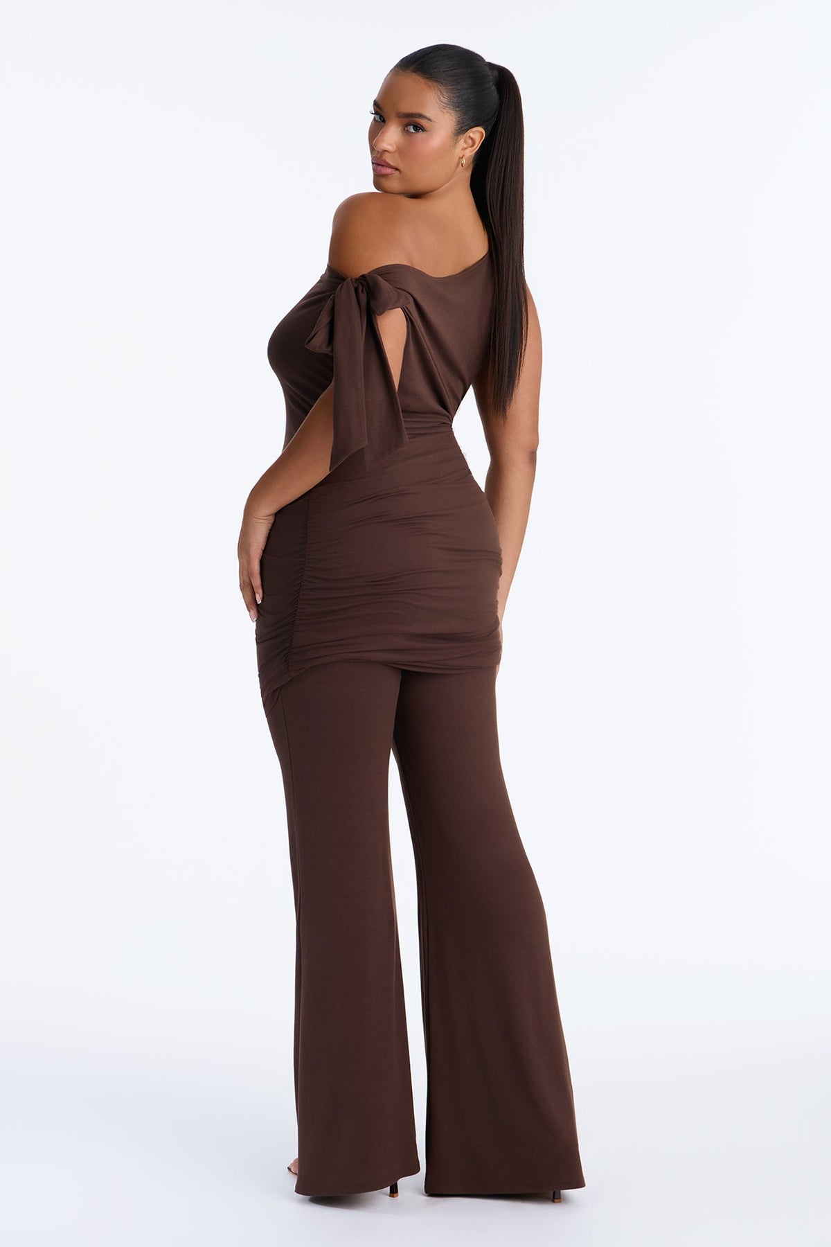 Tara Draped Off Shoulder Pant Set - Brown