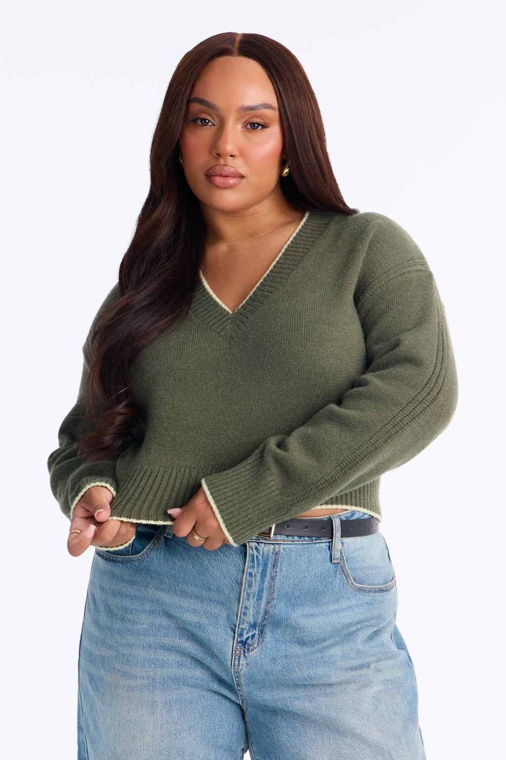 Fall Foliage Contrast Pullover Sweater - Olive/combo