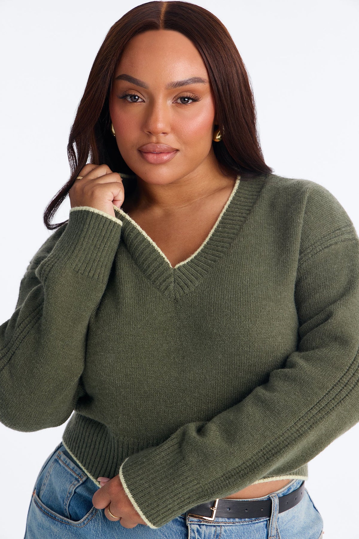 Fall Foliage Contrast Pullover Sweater - Olive/combo