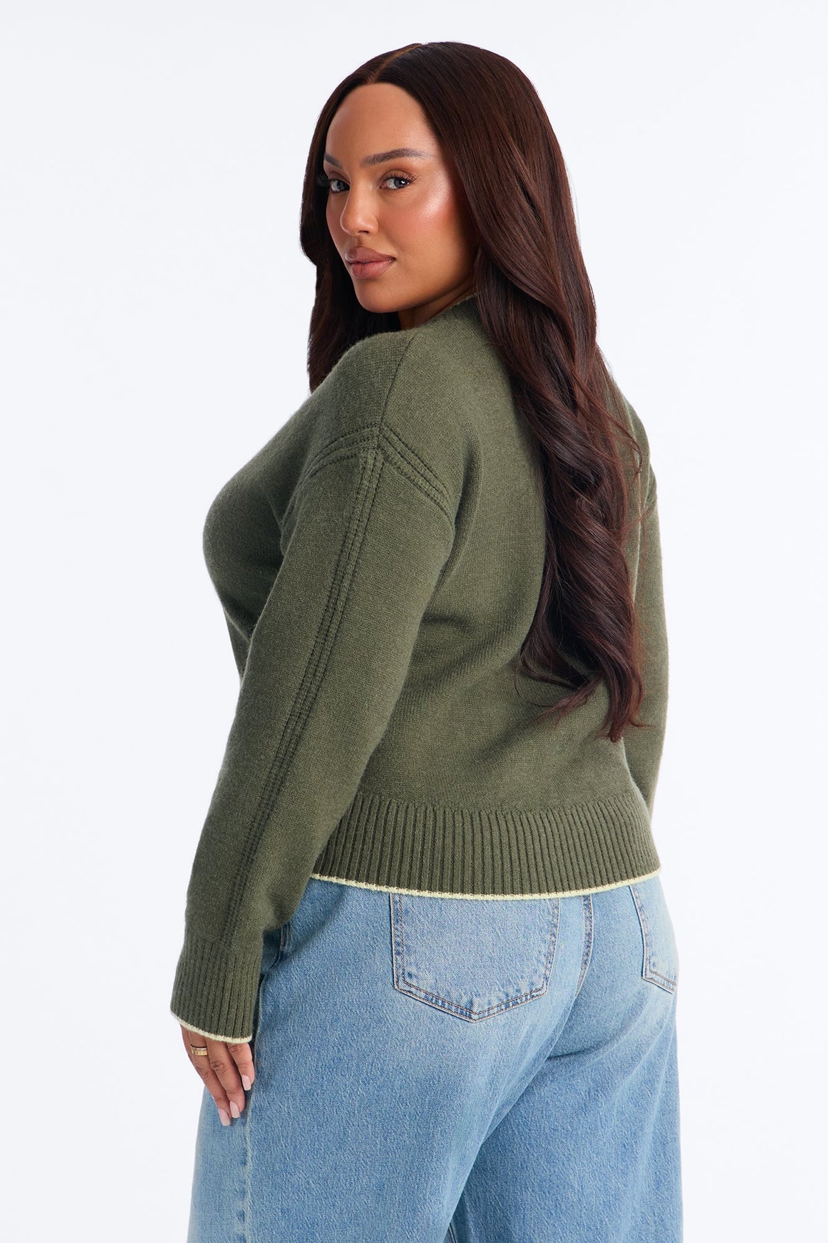 Fall Foliage Contrast Pullover Sweater - Olive/combo