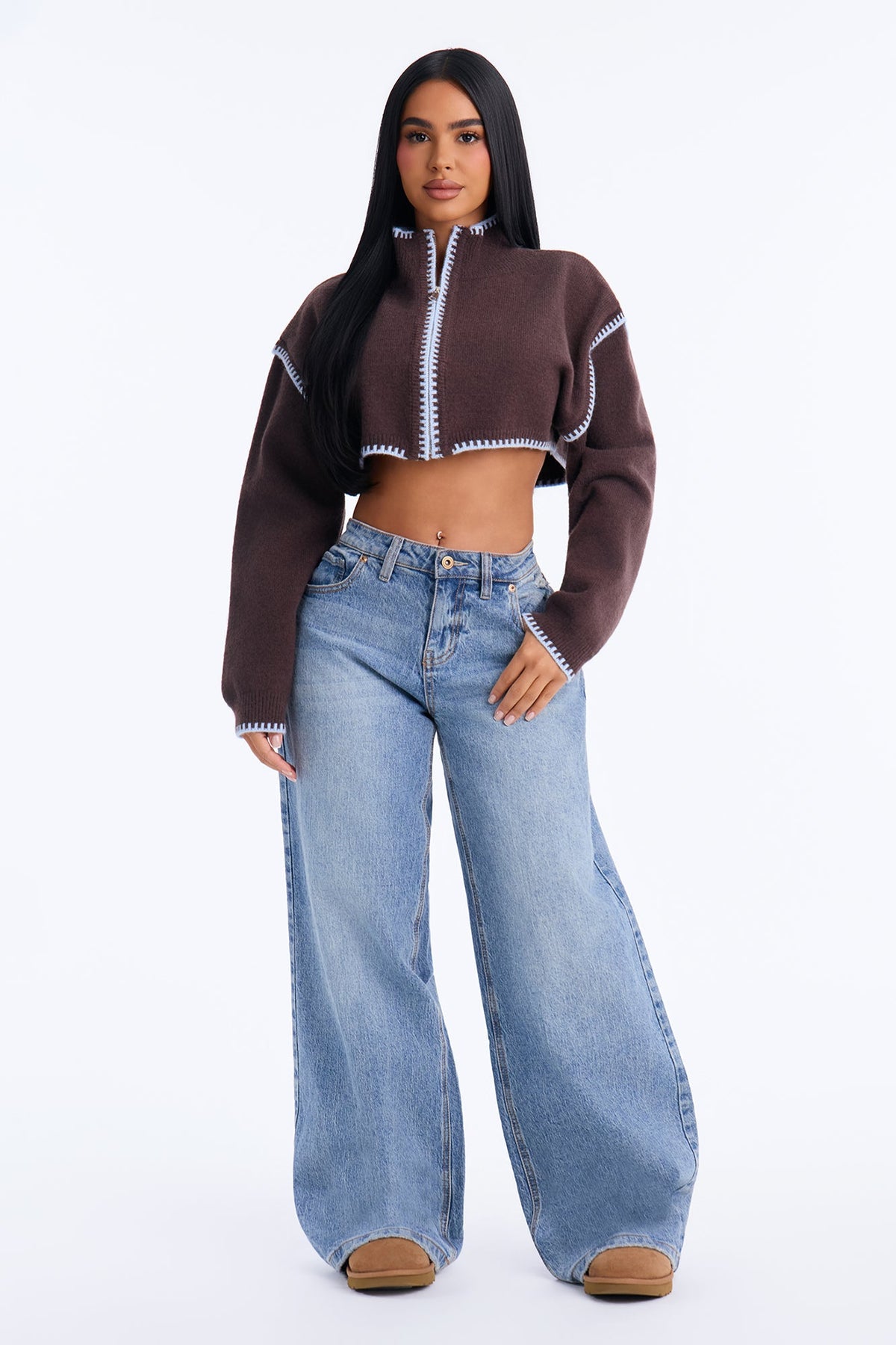 Fall Walks Cropped Contrast Cardigan Sweater - Chocolate/Combo