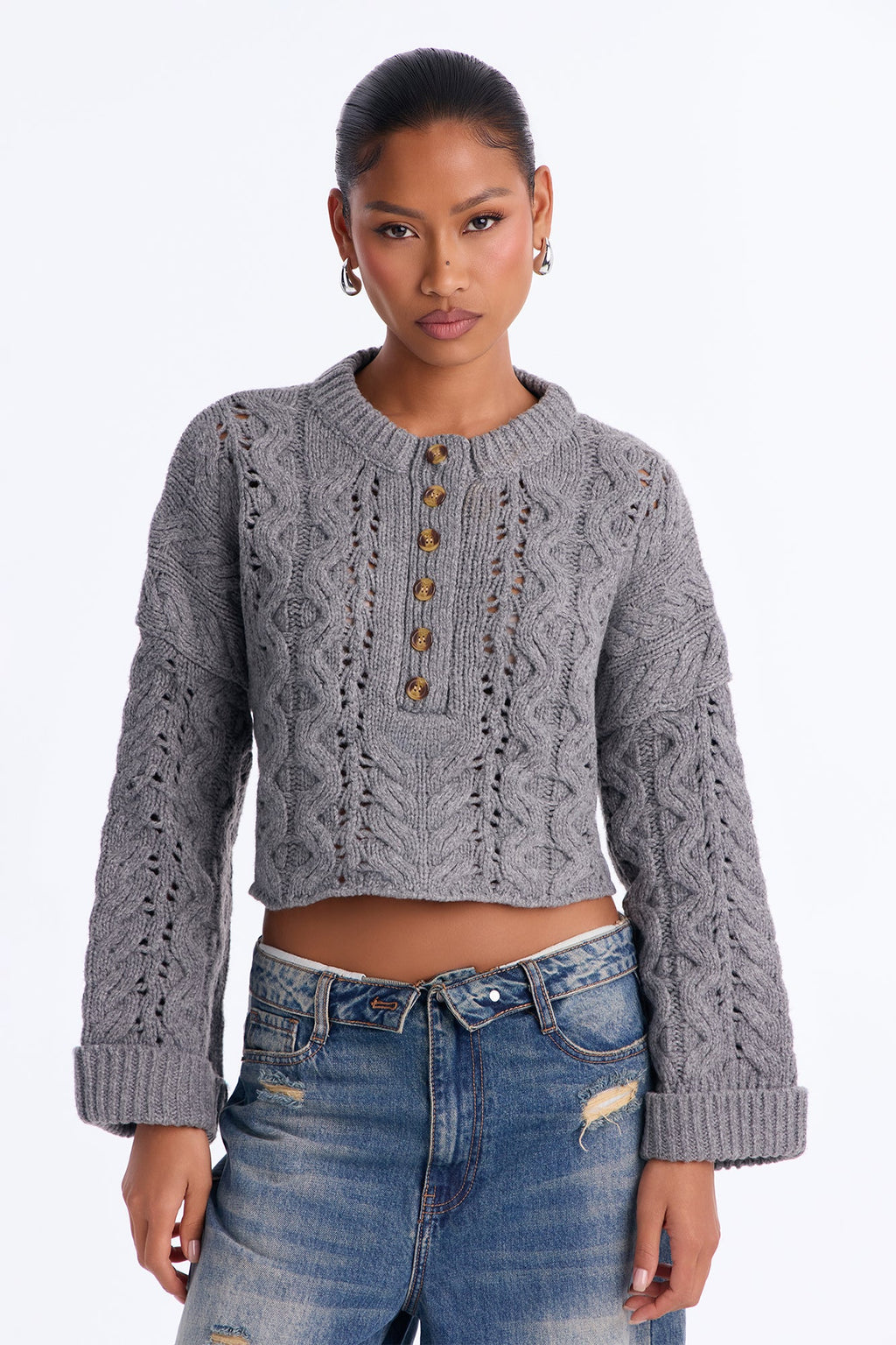 Catherine Chunky Knit Pullover Sweater - Grey