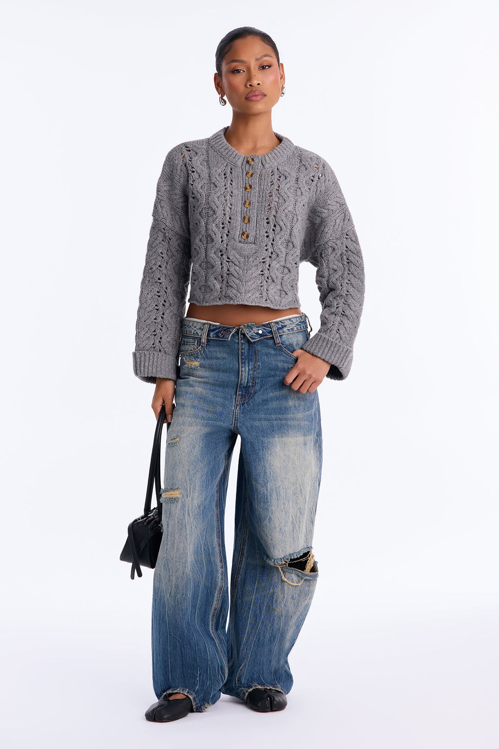 Catherine Chunky Knit Pullover Sweater - Grey