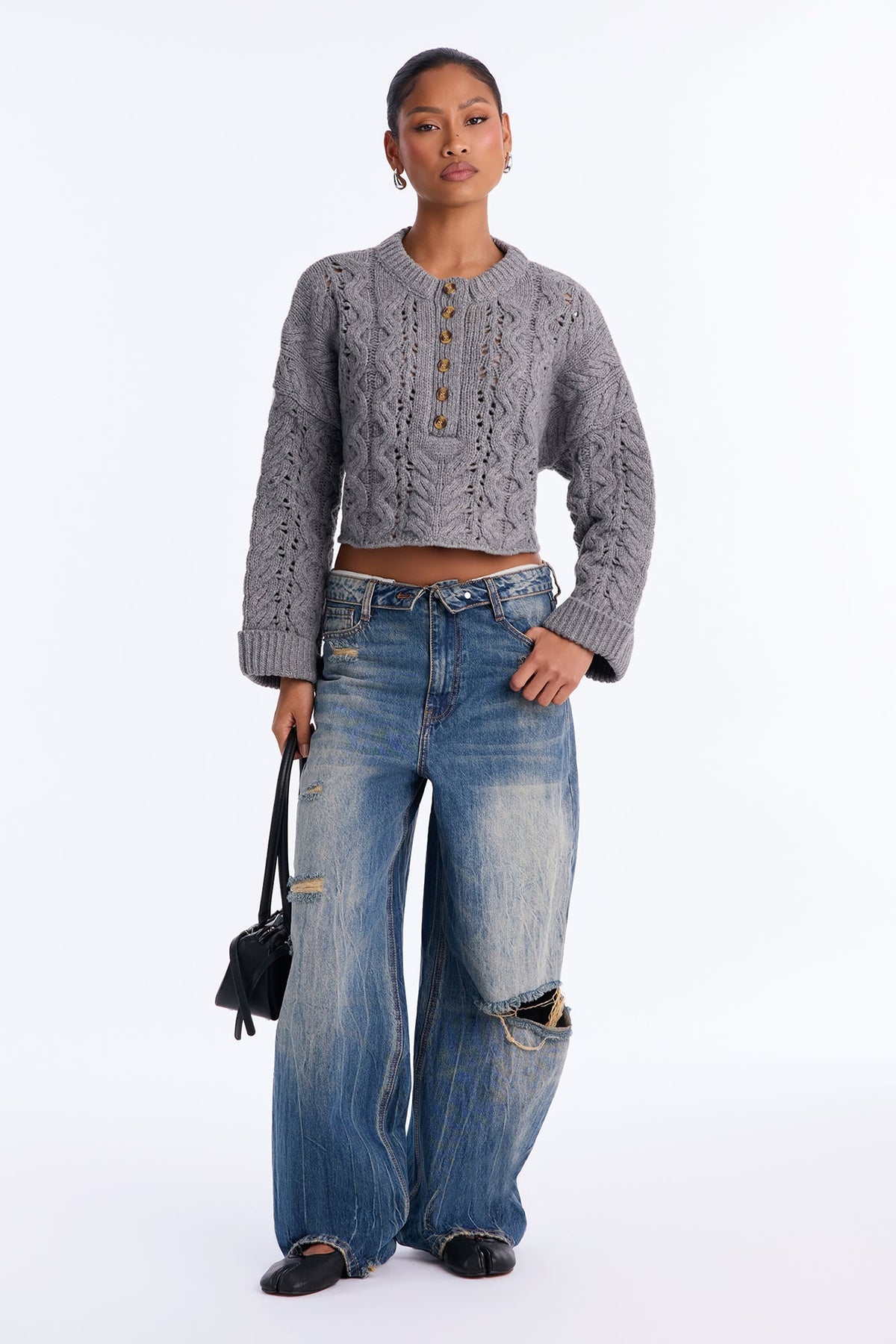 Catherine Chunky Knit Pullover Sweater - Grey
