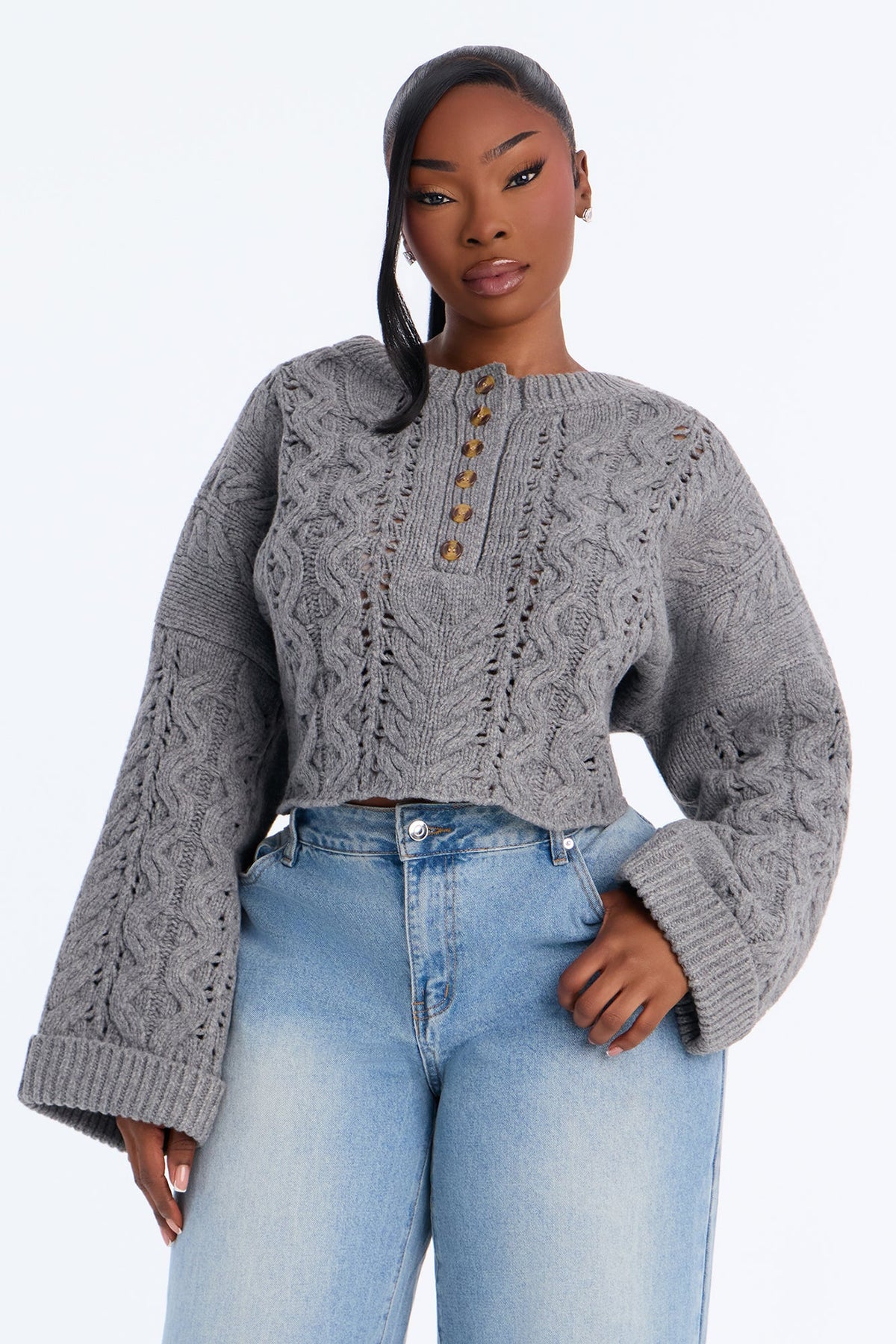 Catherine Chunky Knit Pullover Sweater - Grey