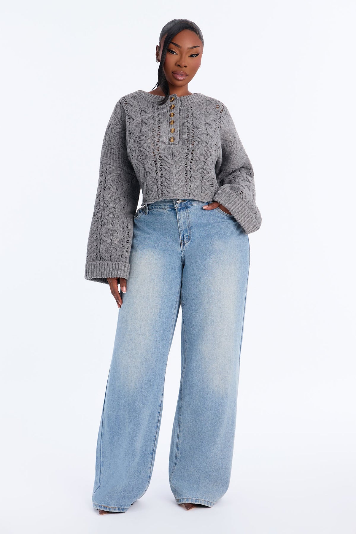 Catherine Chunky Knit Pullover Sweater - Grey