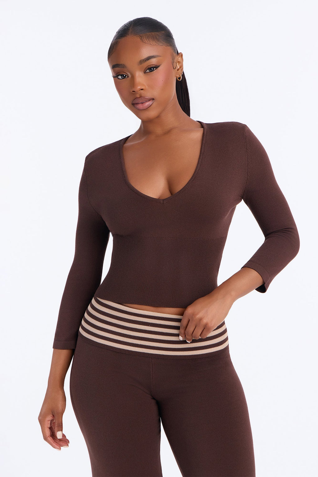 Celia Contrast Sweater Pant Set - Brown