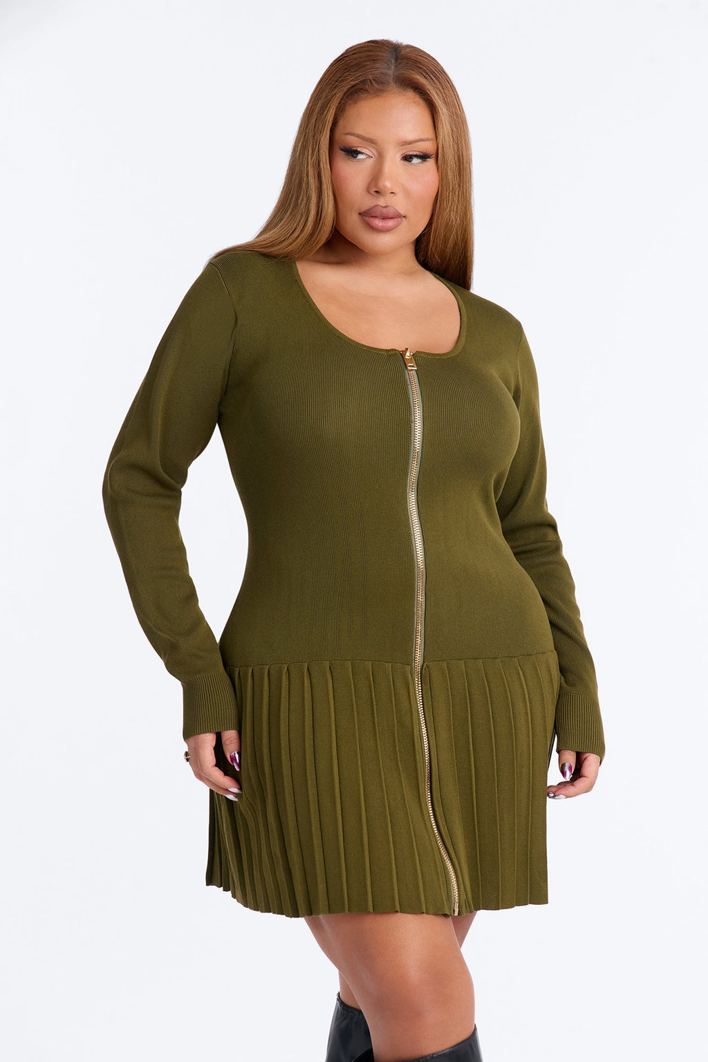 Farah Zip Front Sweater Mini Dress - Olive