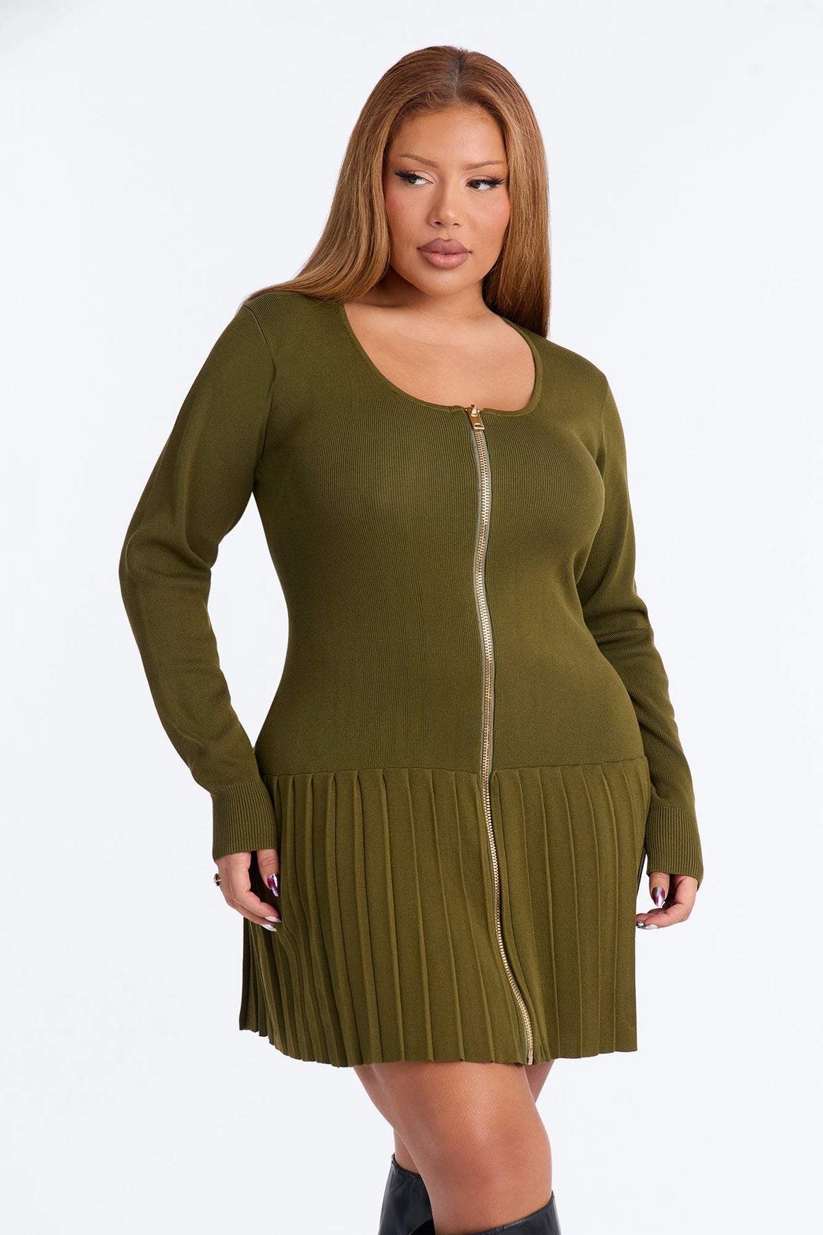 Farah Zip Front Sweater Mini Dress - Olive