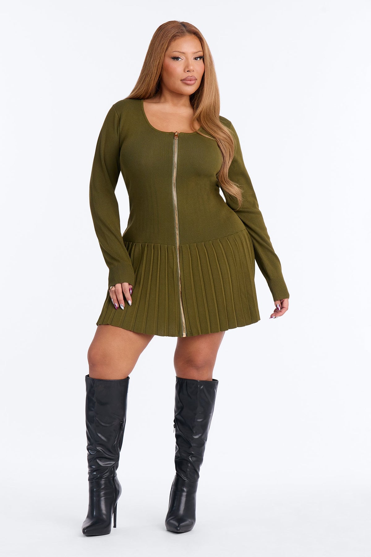 Farah Zip Front Sweater Mini Dress - Olive