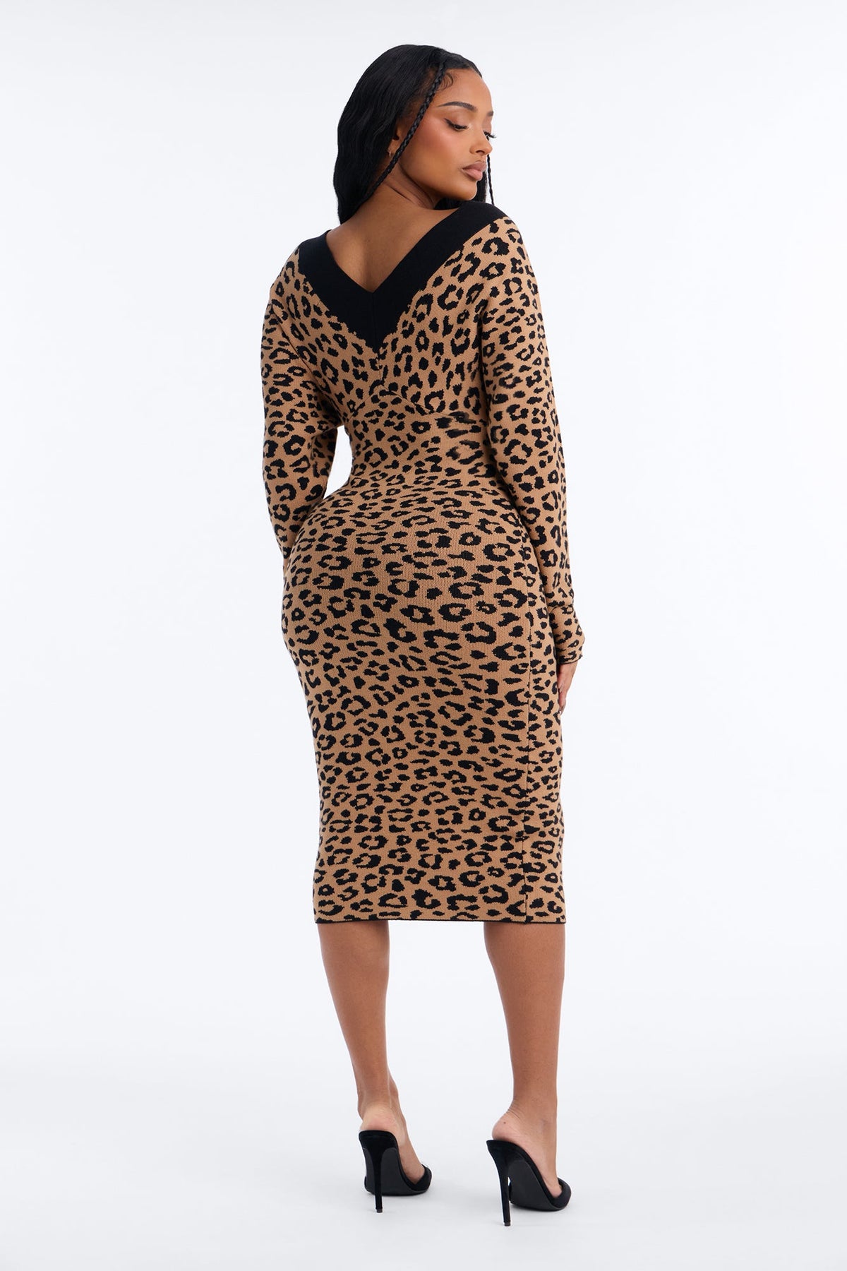 Conquer The Style Leopard Long Sleeve Midi Dress - Brown/combo
