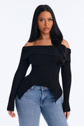 Delia Peplum Hem Off Shoulder Sweater - Black