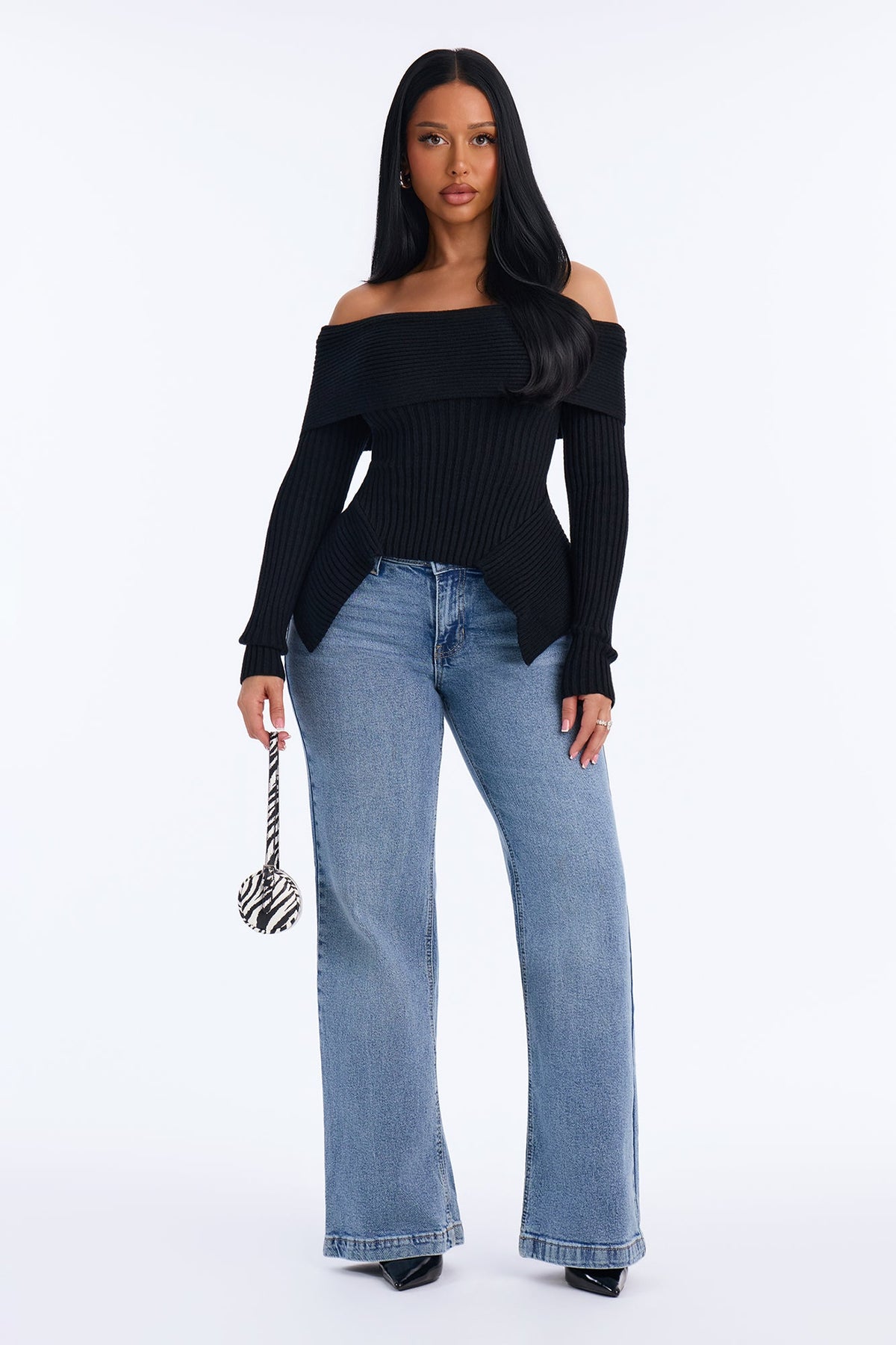 Delia Peplum Hem Off Shoulder Sweater - Black