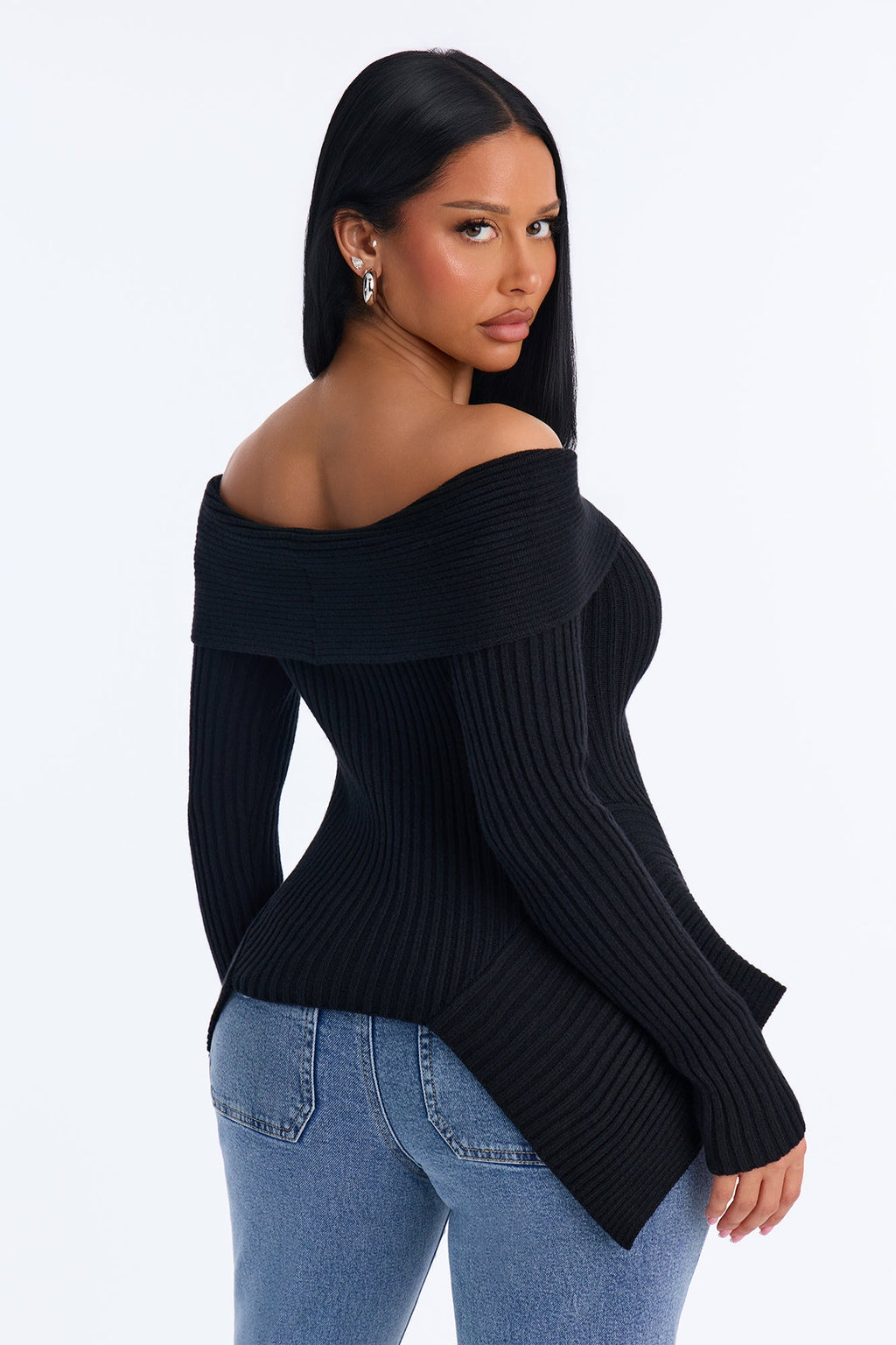 Delia Peplum Hem Off Shoulder Sweater - Black