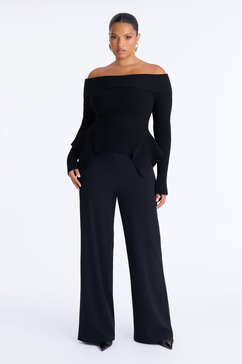 Delia Peplum Hem Off Shoulder Sweater - Black