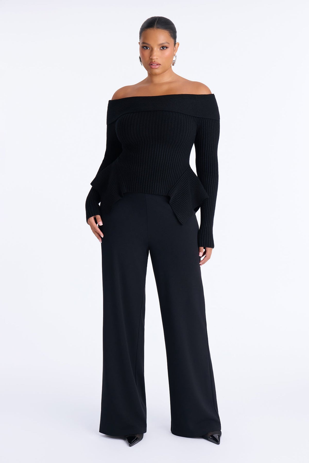 Delia Peplum Hem Off Shoulder Sweater - Black