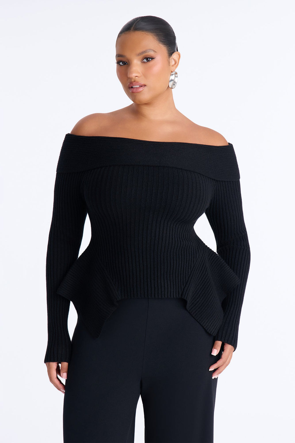Delia Peplum Hem Off Shoulder Sweater - Black