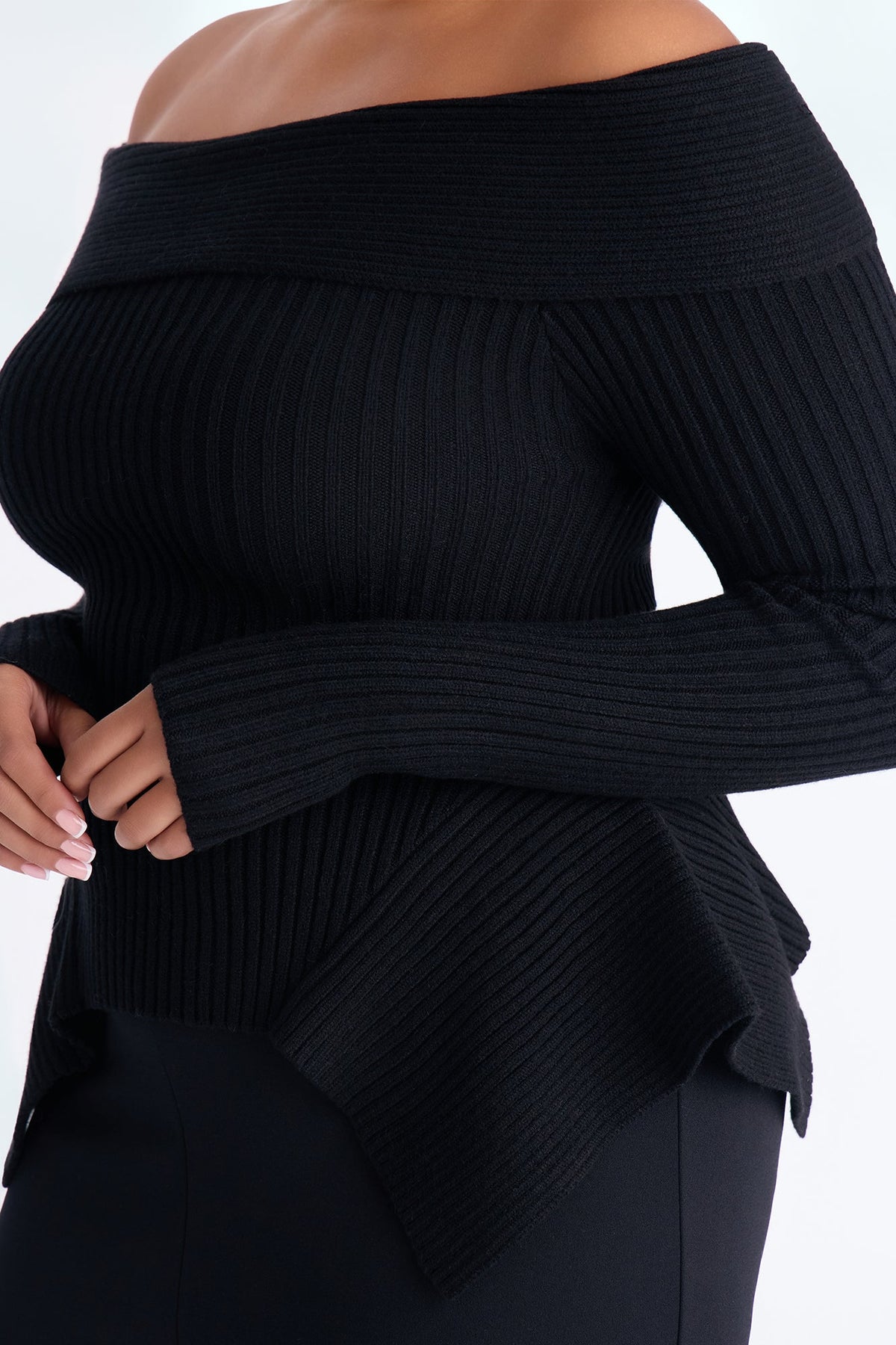 Delia Peplum Hem Off Shoulder Sweater - Black