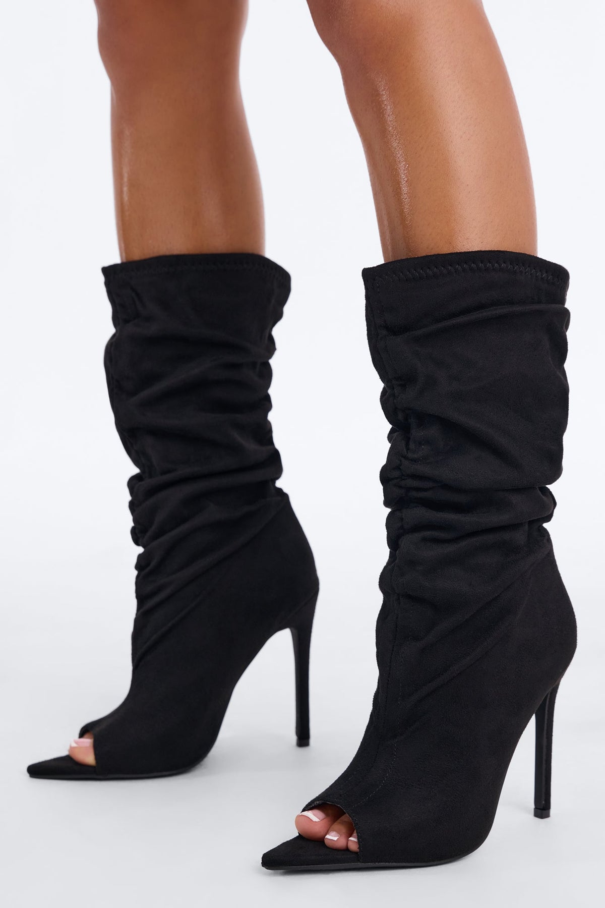 Still That Girl Ruched Peep Toe Boots - Black