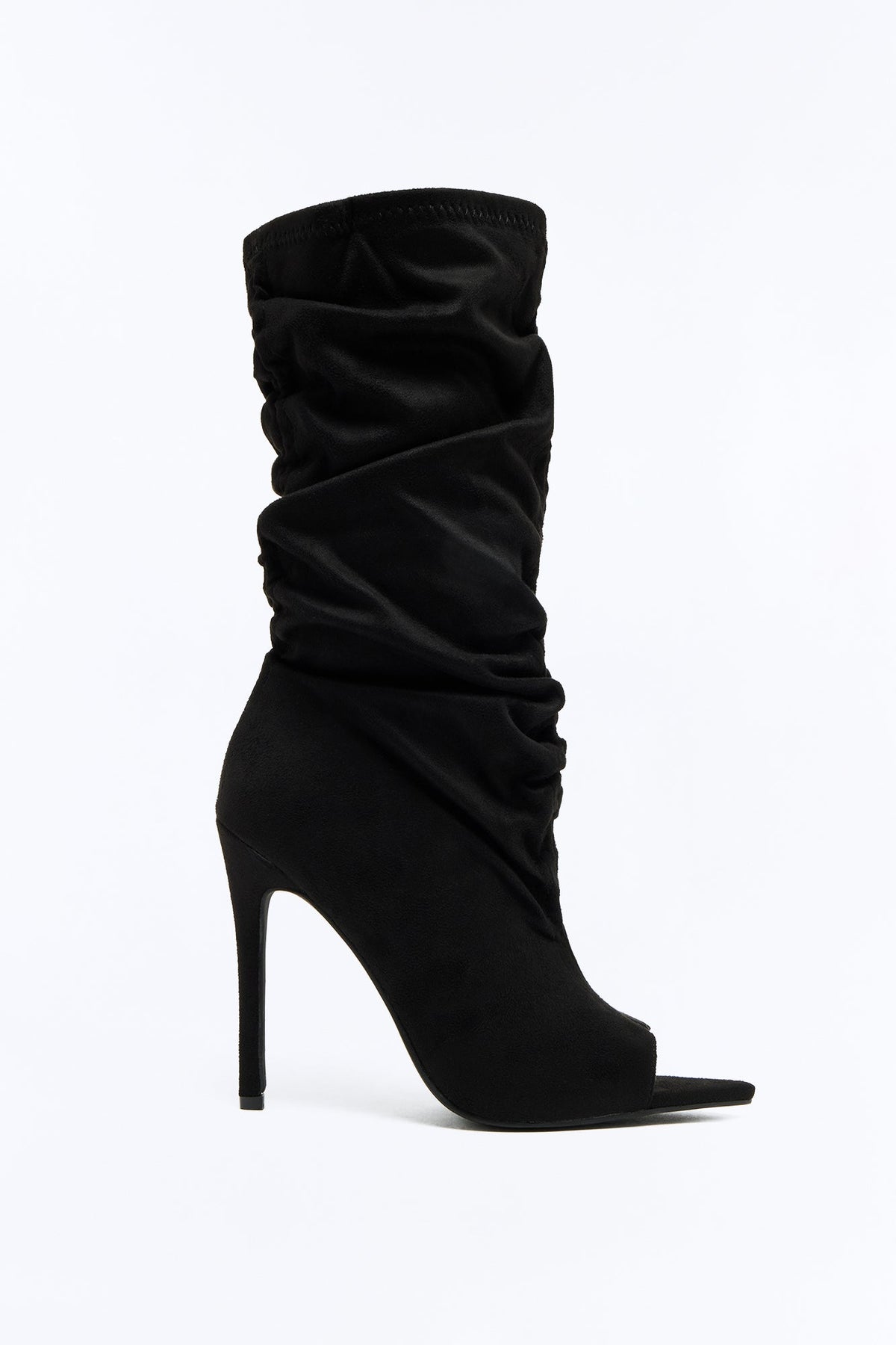 Still That Girl Ruched Peep Toe Boots - Black