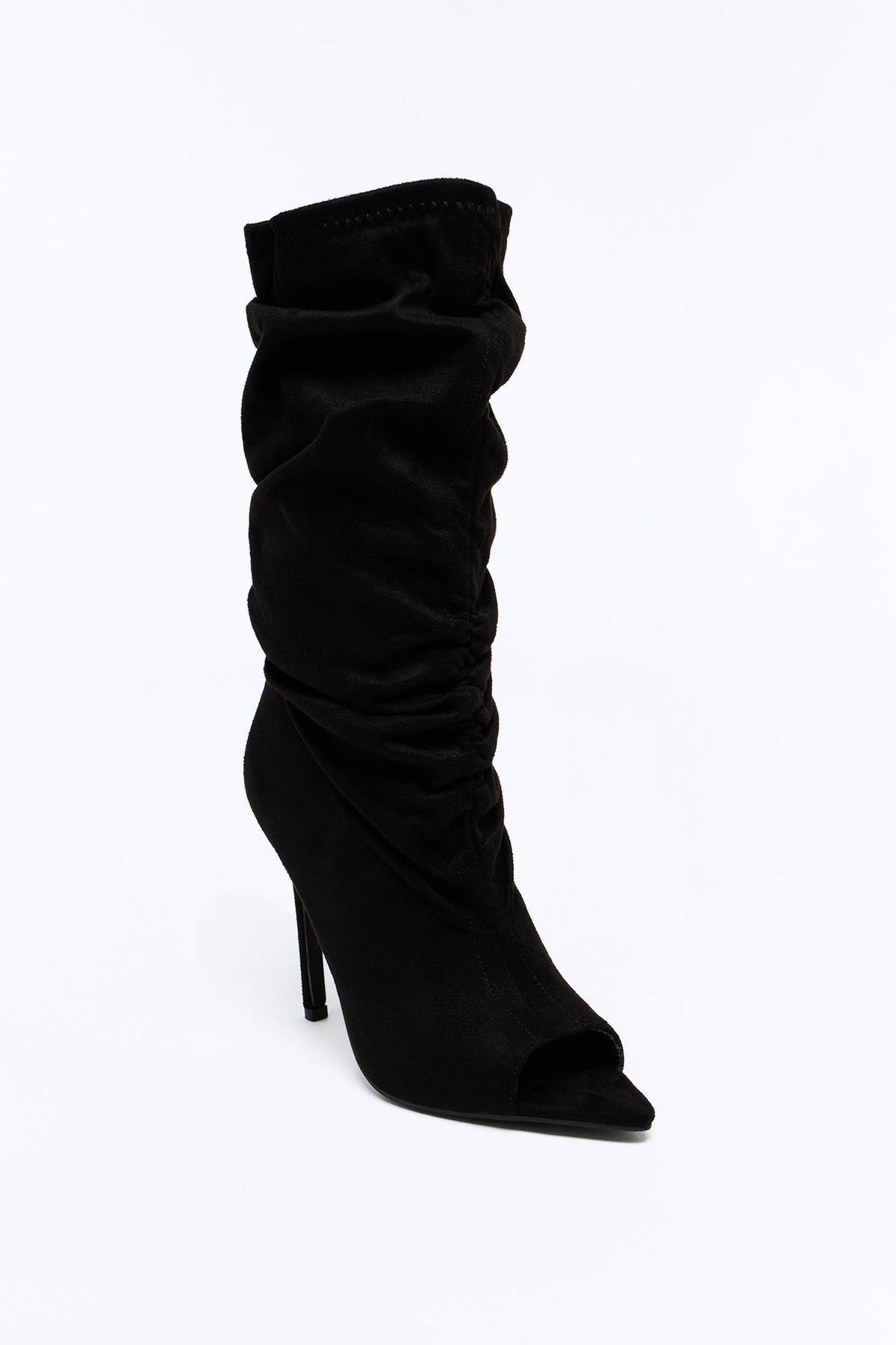 Still That Girl Ruched Peep Toe Boots - Black