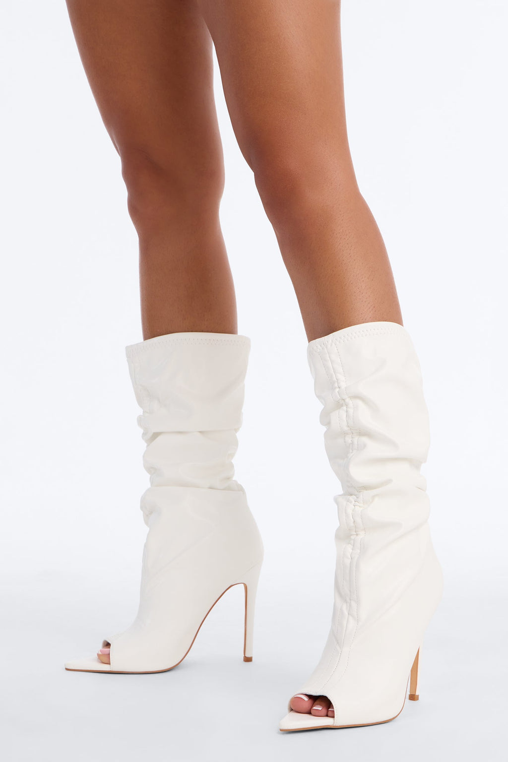 Still That Girl Ruched Peep Toe Boots - White