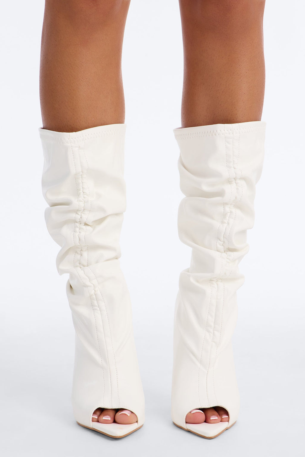 Still That Girl Ruched Peep Toe Boots - White