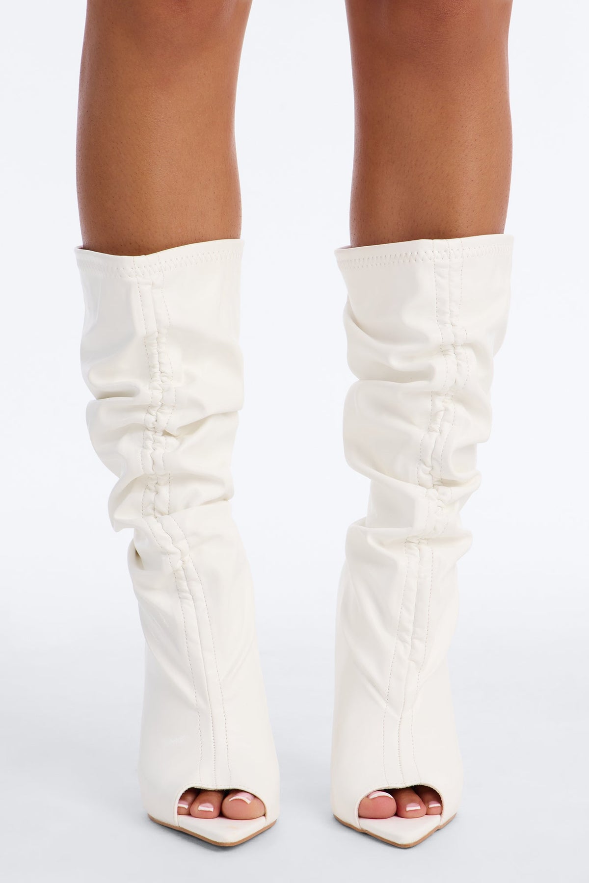 Still That Girl Ruched Peep Toe Boots - White
