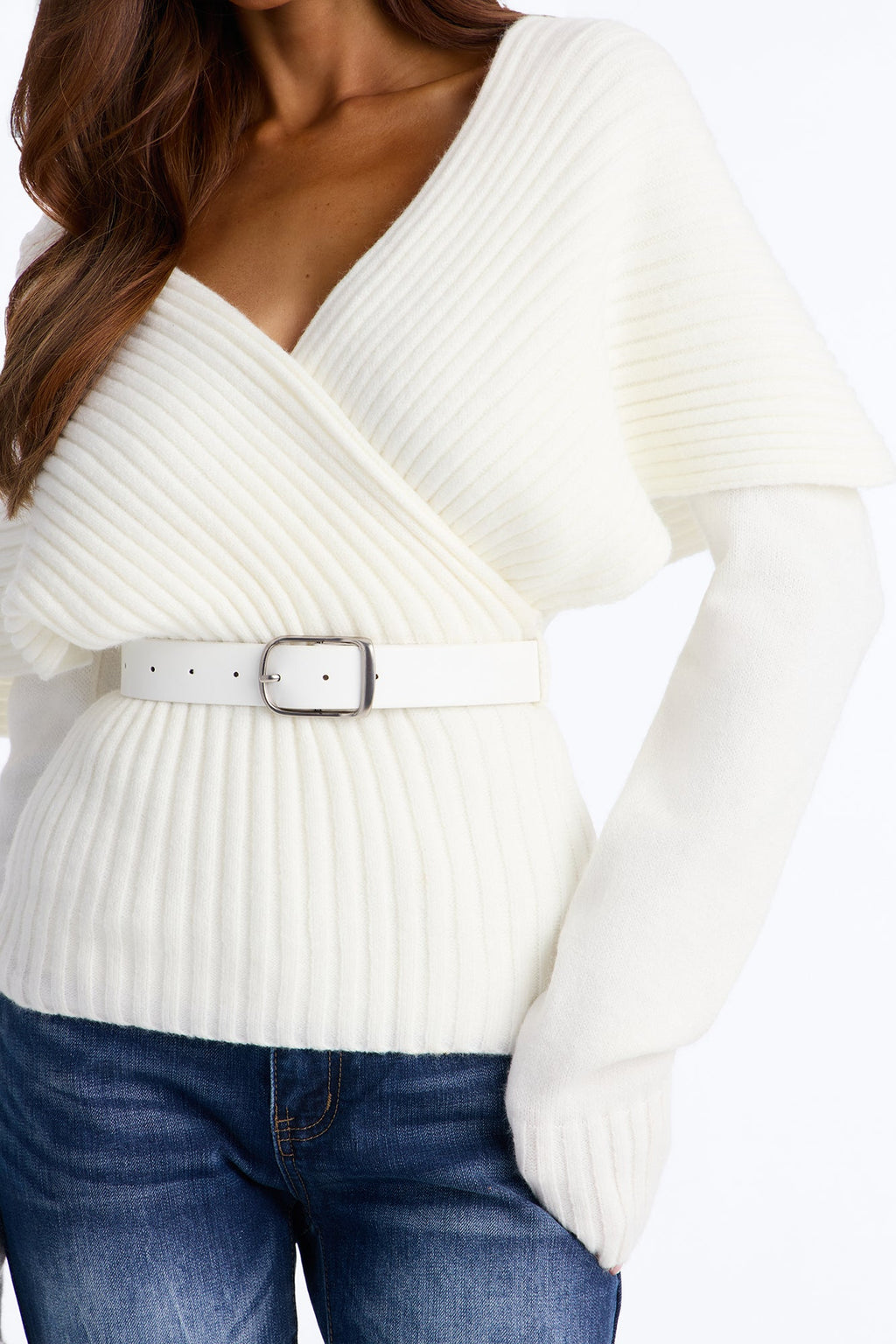 Alicia Foldover Belted Pullover Sweater - Ivory