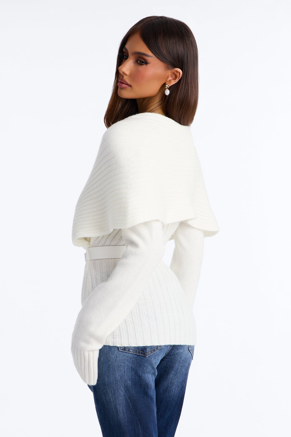 Alicia Foldover Belted Pullover Sweater - Ivory