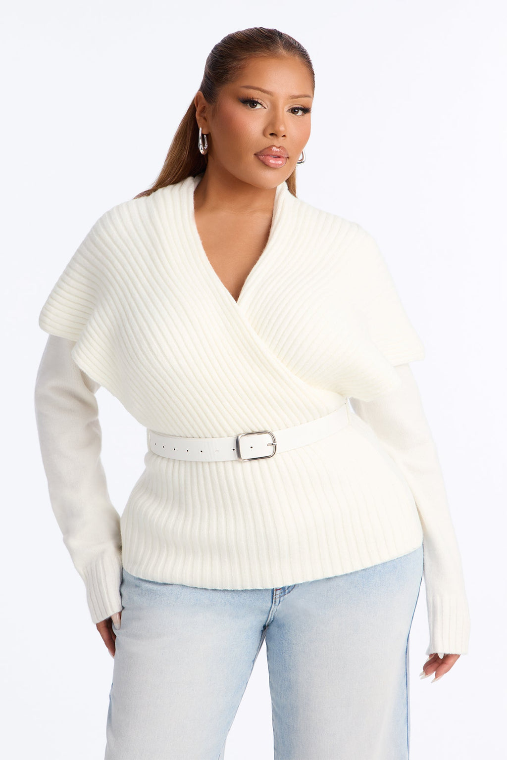 Alicia Foldover Belted Pullover Sweater - Ivory
