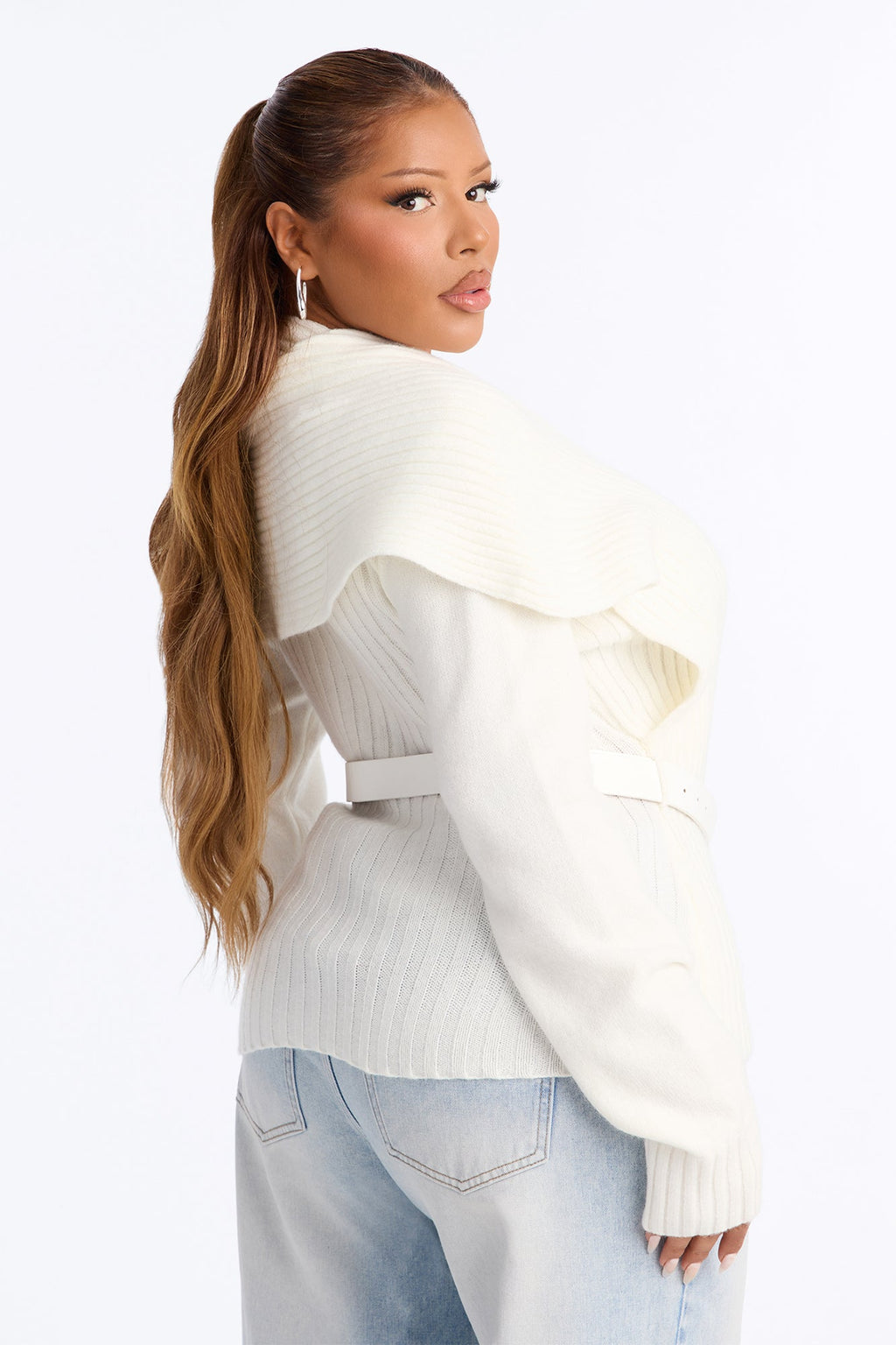 Alicia Foldover Belted Pullover Sweater - Ivory