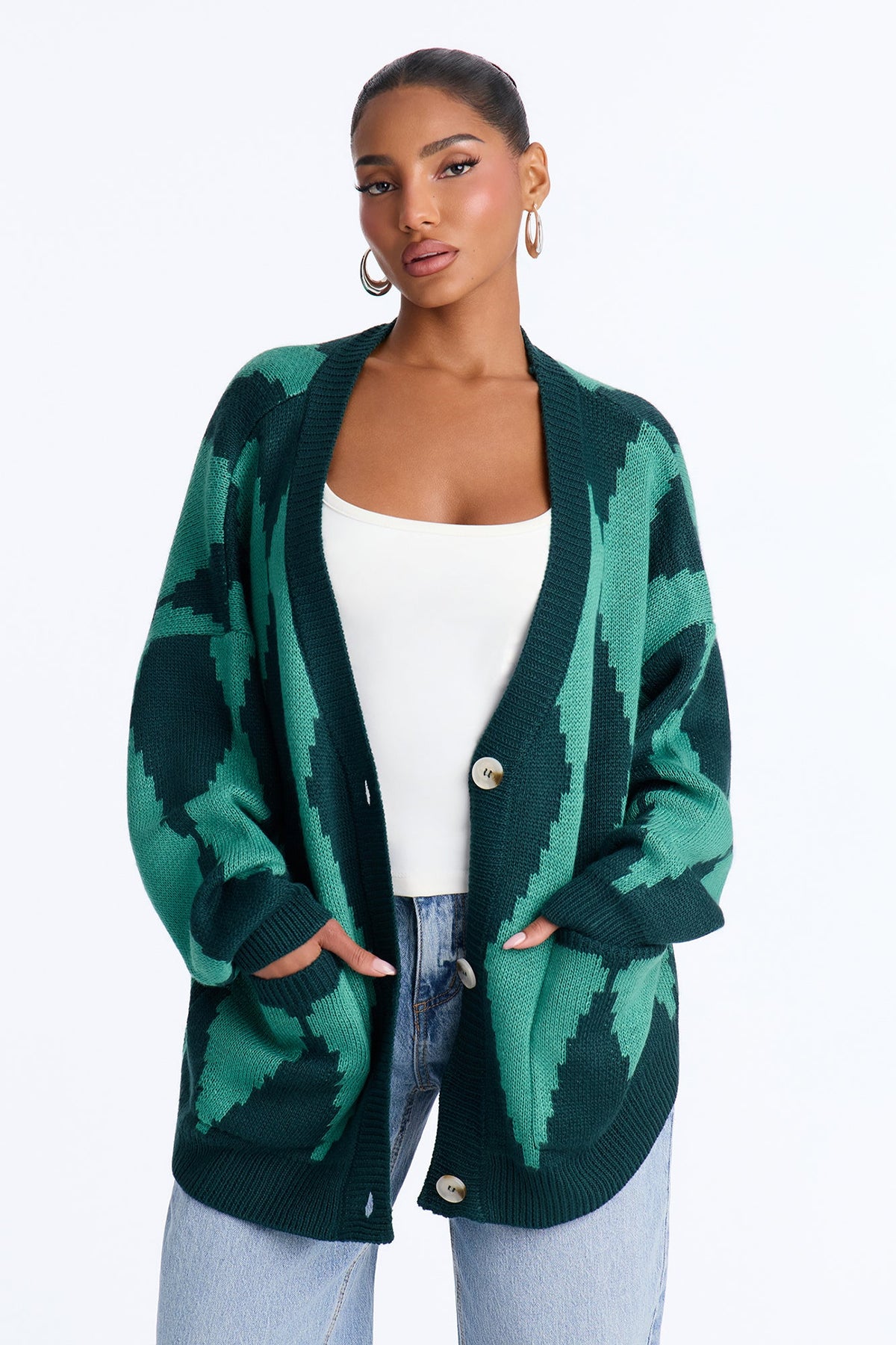 Masquerade Diamond Jacquard Cardigan - Green/combo