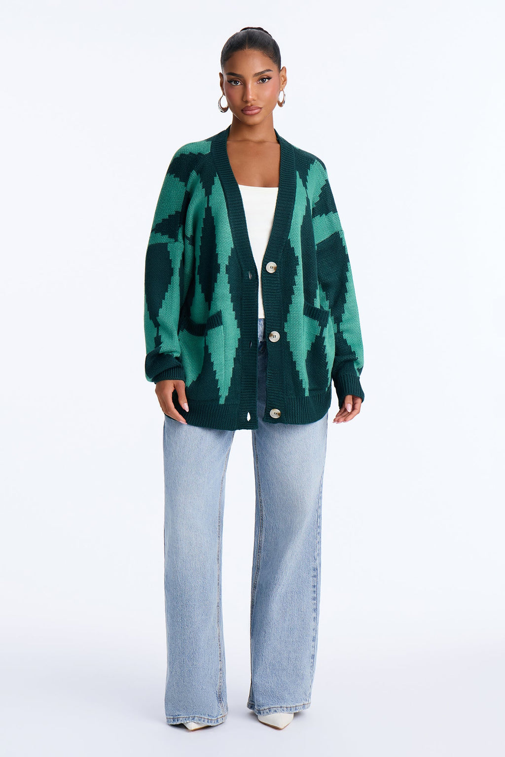 Masquerade Diamond Jacquard Cardigan - Green/combo