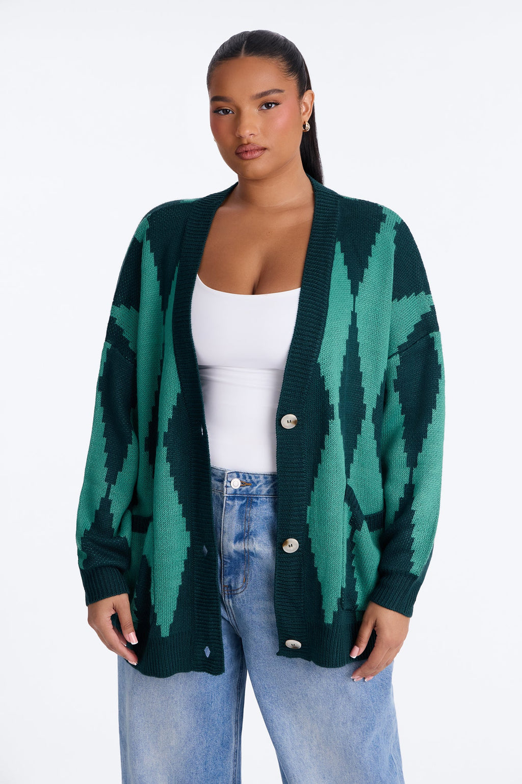 Masquerade Diamond Jacquard Cardigan - Green/combo