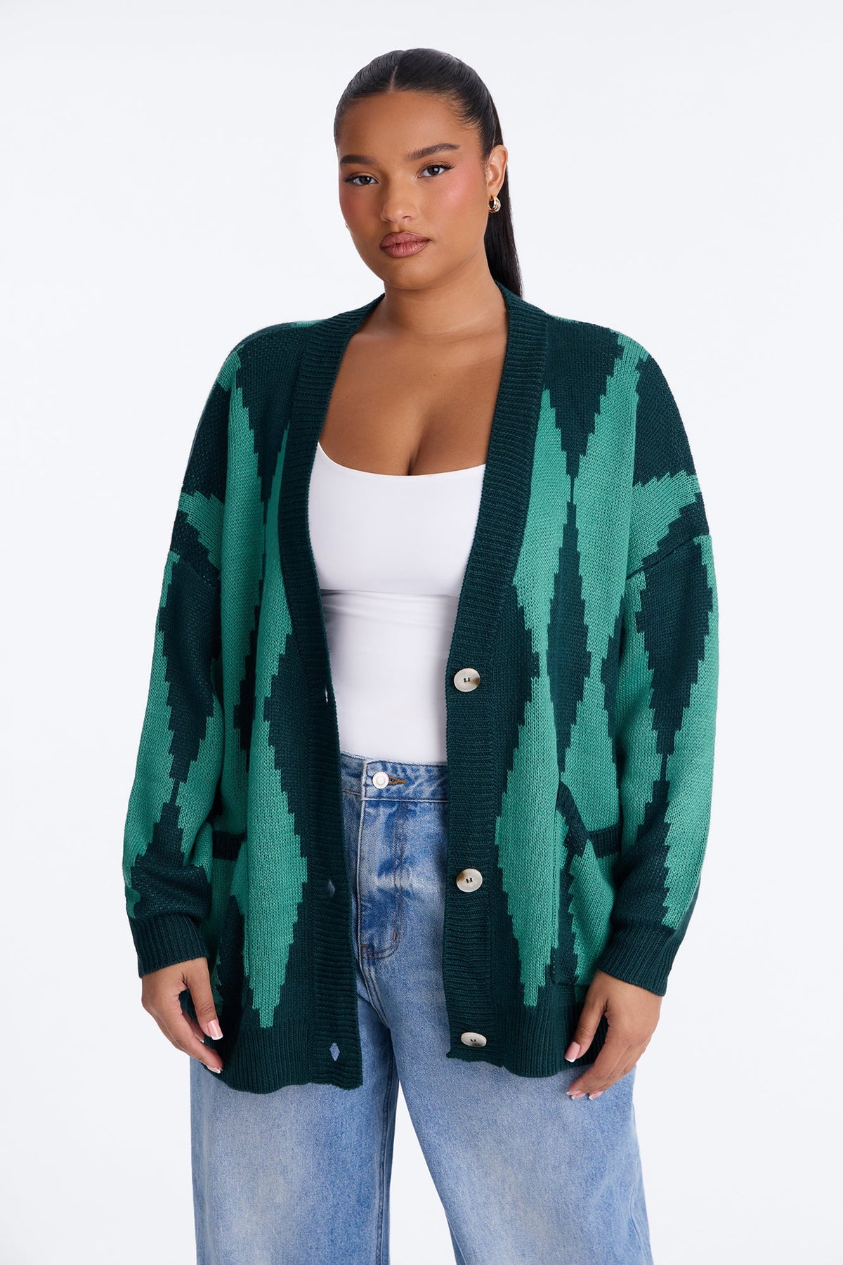 Masquerade Diamond Jacquard Cardigan - Green/combo