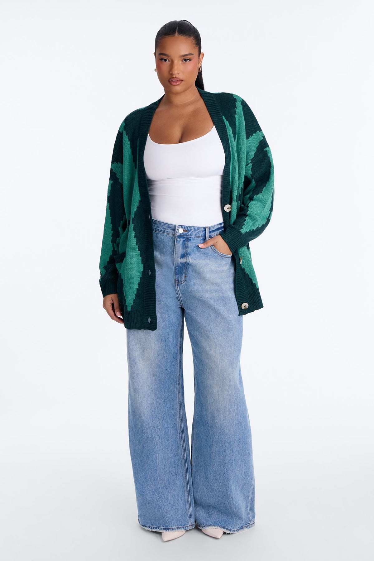 Masquerade Diamond Jacquard Cardigan - Green/combo