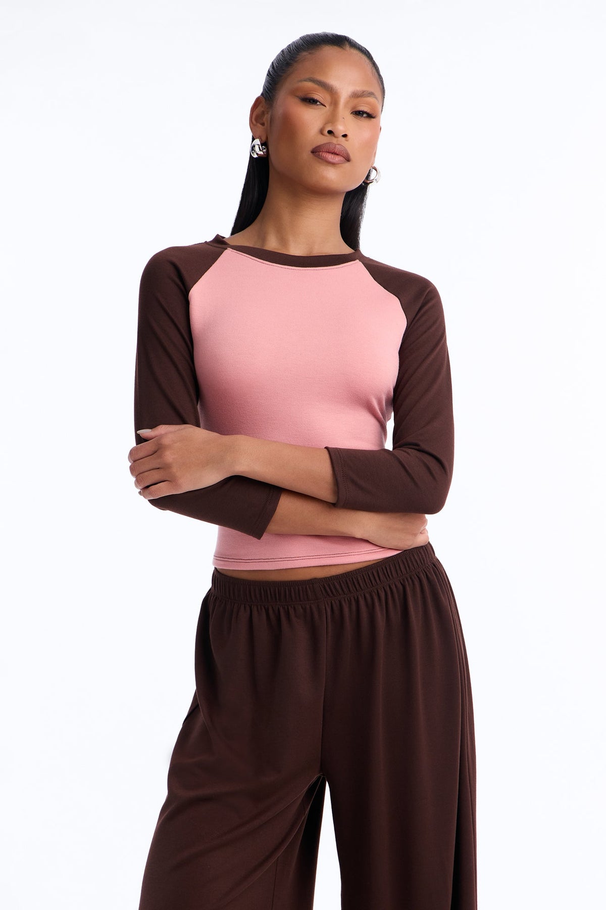 Raya 3/4 Sleeve Raglan Wide Leg Pant Set - Brown/combo