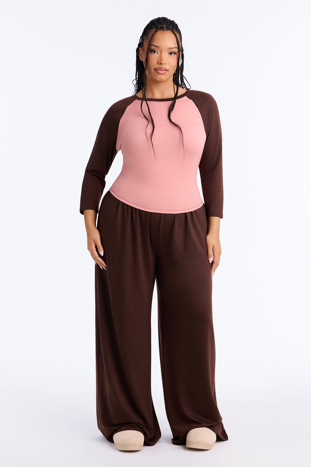 Raya 3/4 Sleeve Raglan Wide Leg Pant Set - Brown/combo