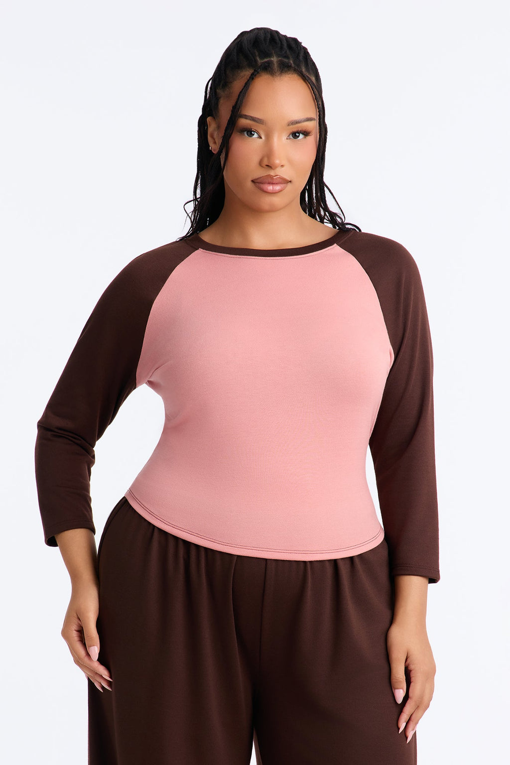 Raya 3/4 Sleeve Raglan Wide Leg Pant Set - Brown/combo