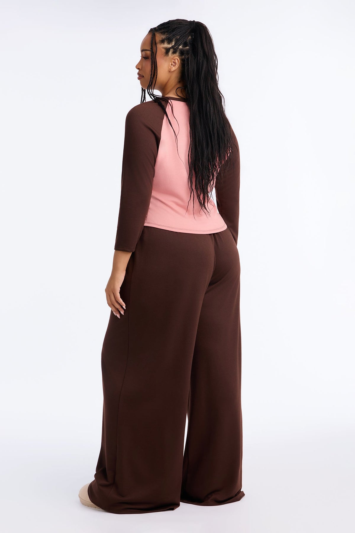 Raya 3/4 Sleeve Raglan Wide Leg Pant Set - Brown/combo