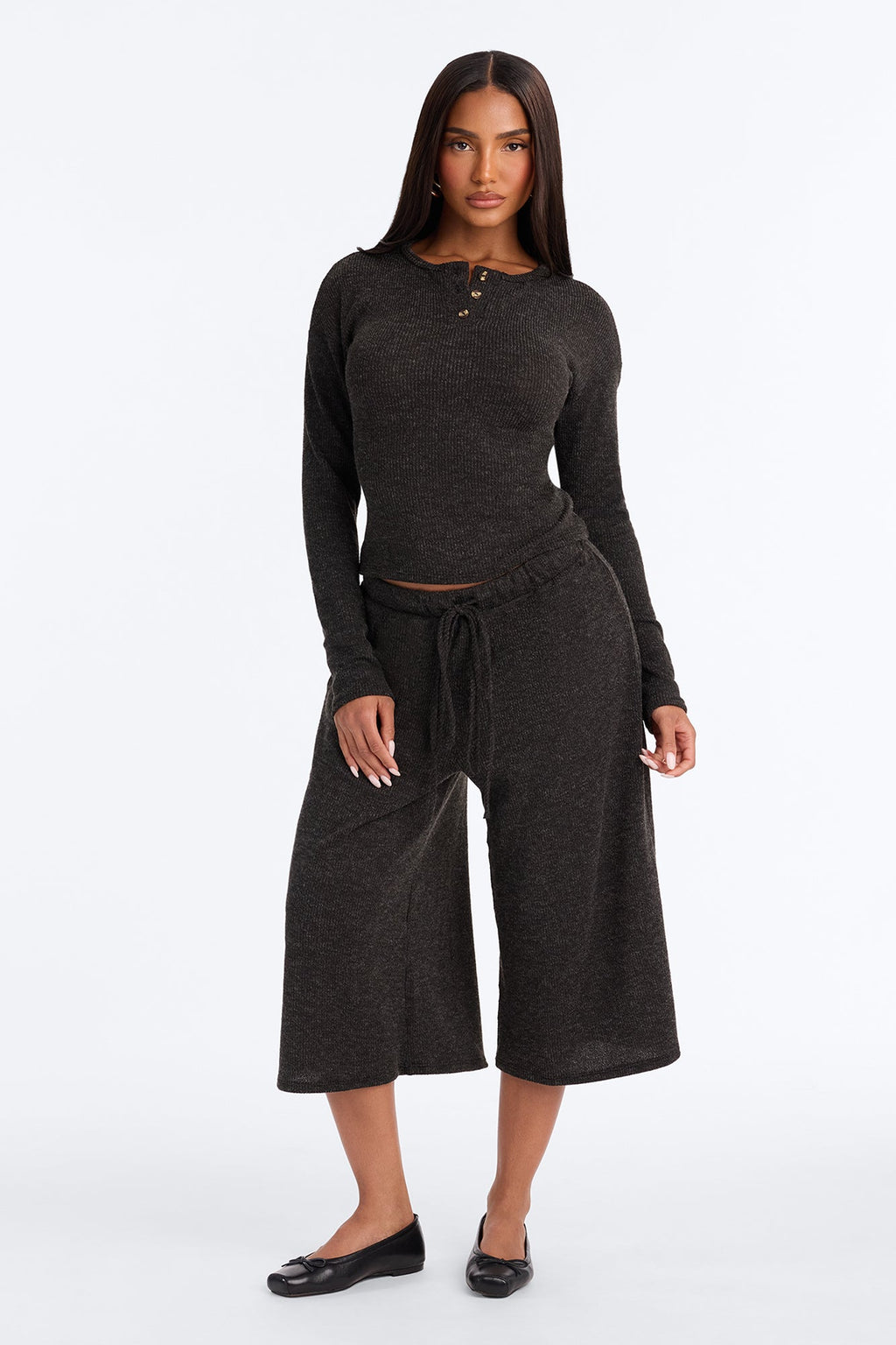 Leni Long Sleeve Lounge Jort Set - Black