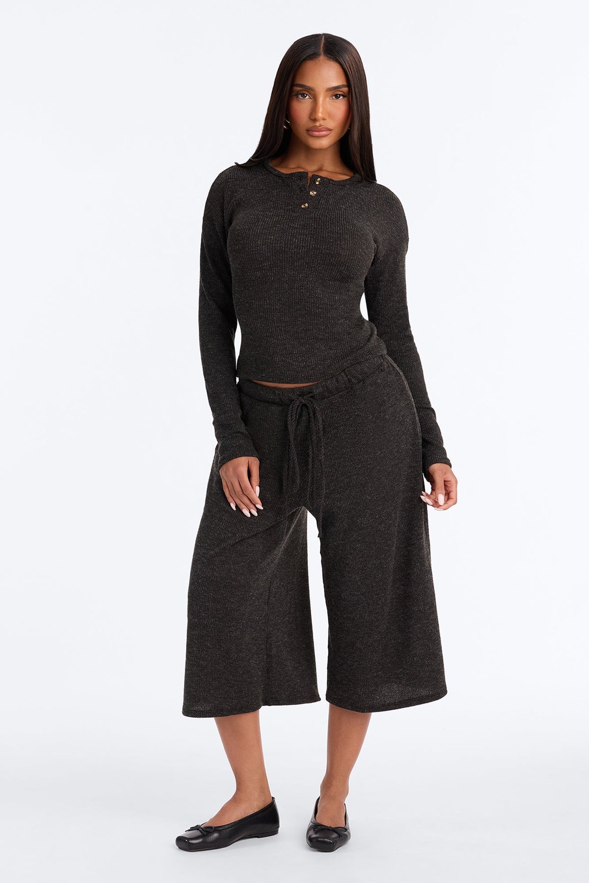 Leni Long Sleeve Lounge Jort Set - Black