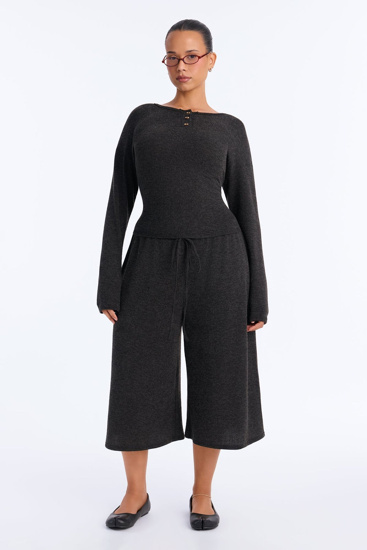 Leni Long Sleeve Lounge Jort Set - Black