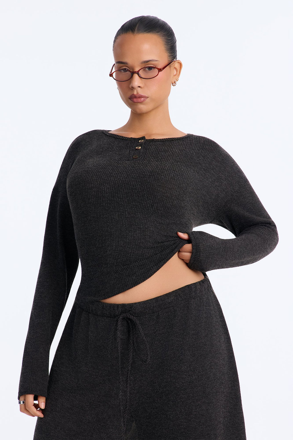 Leni Long Sleeve Lounge Jort Set - Black