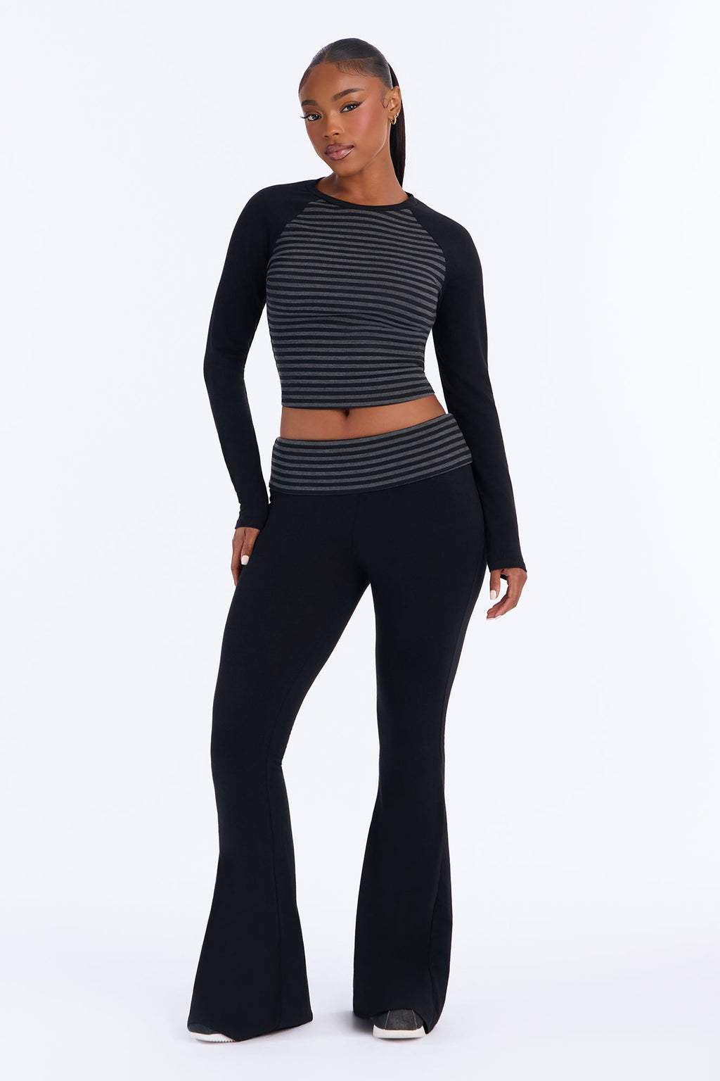 Megan Striped Foldover Pant Set - Black/combo