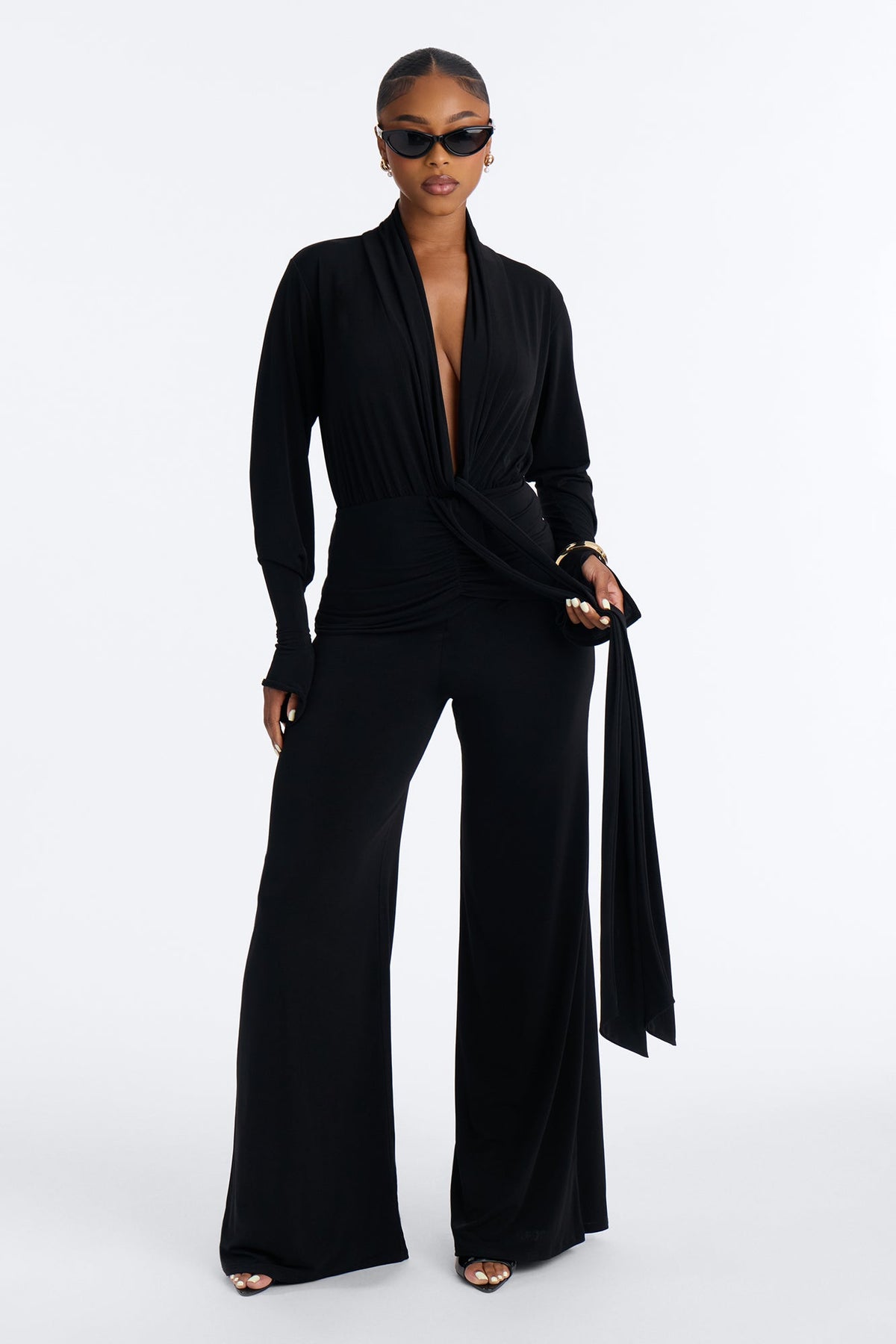 Silvia Plunge Neck Pant Set - Black